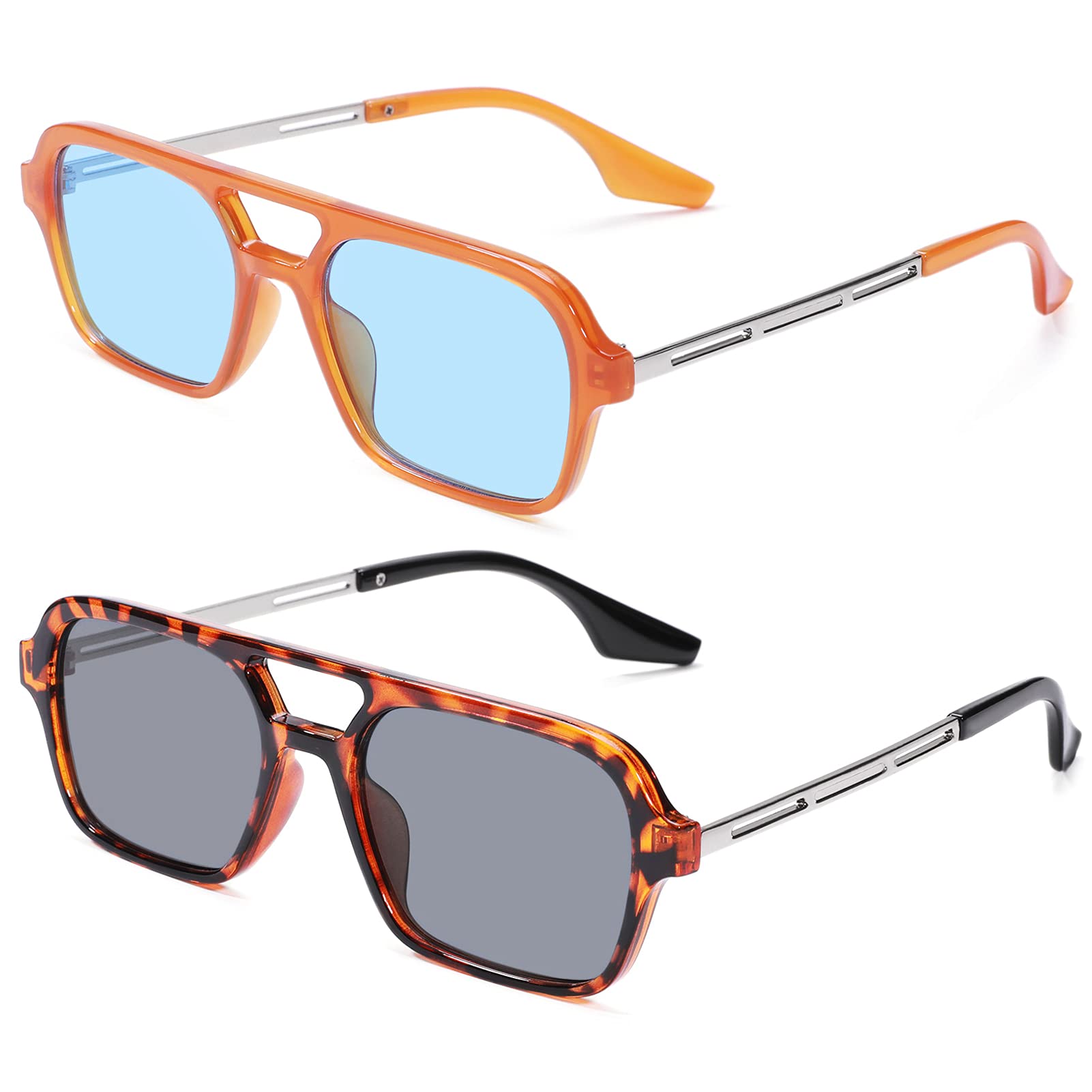 NULOOQ Retro 70s Flat Aviator Sunglasses for Women Men, Vintage Square Small Frame Shades Driving UV400 Protection (Leopard/Gray + Orange/Blue) - 2 Pack