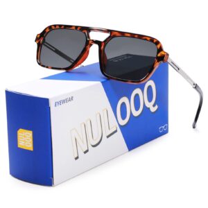 NULOOQ Retro 70s Flat Aviator Sunglasses for Women Men, Vintage Square Small Frame Shades Driving UV400 Protection (Leopard/Gray + Orange/Blue) - 2 Pack