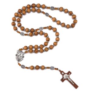 faithful catholic wooden rosary for men, our father sacred handmade miraculous medal wood beads rosary necklace with crucifix cross, rosarios catolicos para hombre