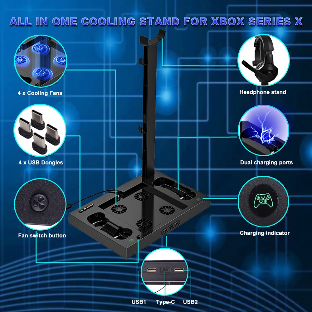 Megadream Xbox Series X Stand with Fan, Dual Controller Charging Dock Station with 4 Cooling Fan, 1 Headphone Holder, 2 Pack 1400mAh Rechargeable Batteries for Xbox Series X Console, Black