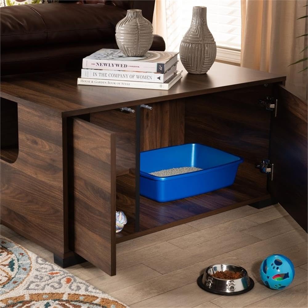 BOWERY HILL Modern Walnut Brown Finished 2-Door Cat Litter Box Cover House