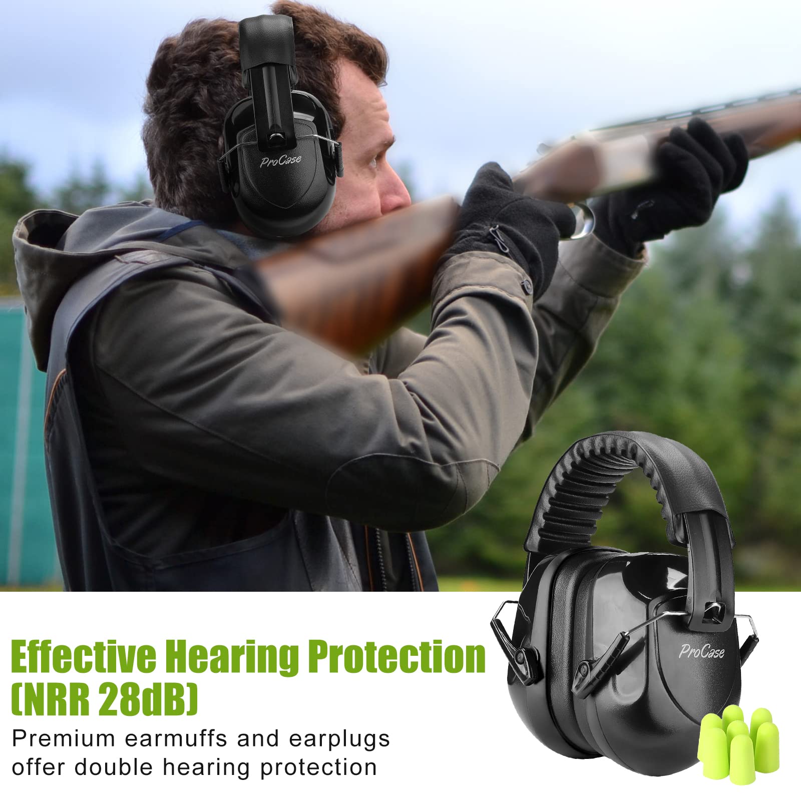 ProCase Shooting Ear Protection Earmuffs, Gun Eye Protection and 60 Pairs Earplugs for Shooting, 4 in 1 Gun Range Safety Equipment Kit -Black