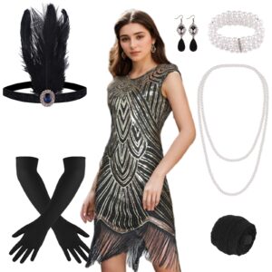 PLULON 1920s Sequin Beaded Fringed Flapper Dress Great Gatsby Dresses for Women with roaring 20s Costumes Accessories Set (Gold and Black,XLarge)