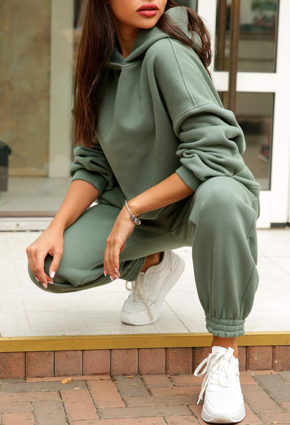 Linsery Sport Hoodie with Jogger Sweatpants Tracksuit Hooded 2 Piece Workout Set Sweatshirt Matching Jogging Suit Green XL