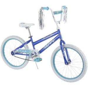 huffy illuminate 20” girl’s bike, pearl blue frame with butterfly graphics, kickstand included, streamers and chain guard, white tires and teal rims