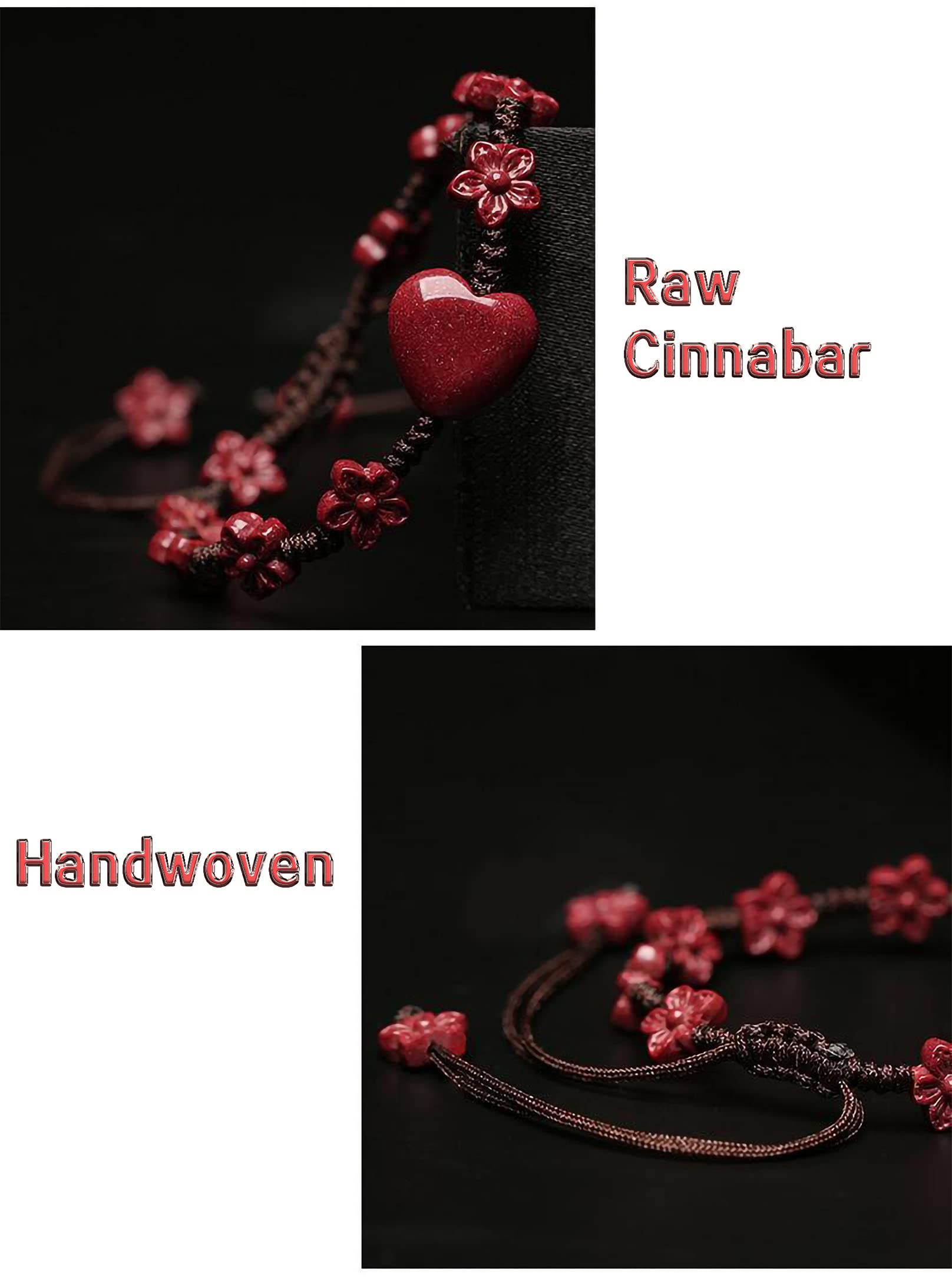 Xgimas Natural Cinnabar Bracelet, Adjustable Handmade Braided Rope Prosperity Flowers Good Lucky Red Heart Shaped Charm Bracelet for Women Men