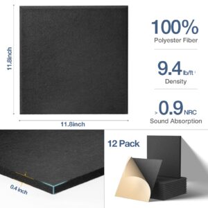 Lebenforce Self-adhesive Acoustic Panels Tiles 12 Pack, 12" X 12" X 0.4" Polyester Sound Proof Padding, High Density Soundproof Wall Panels, Sound Absorbing panel for Home & Offices (Black)