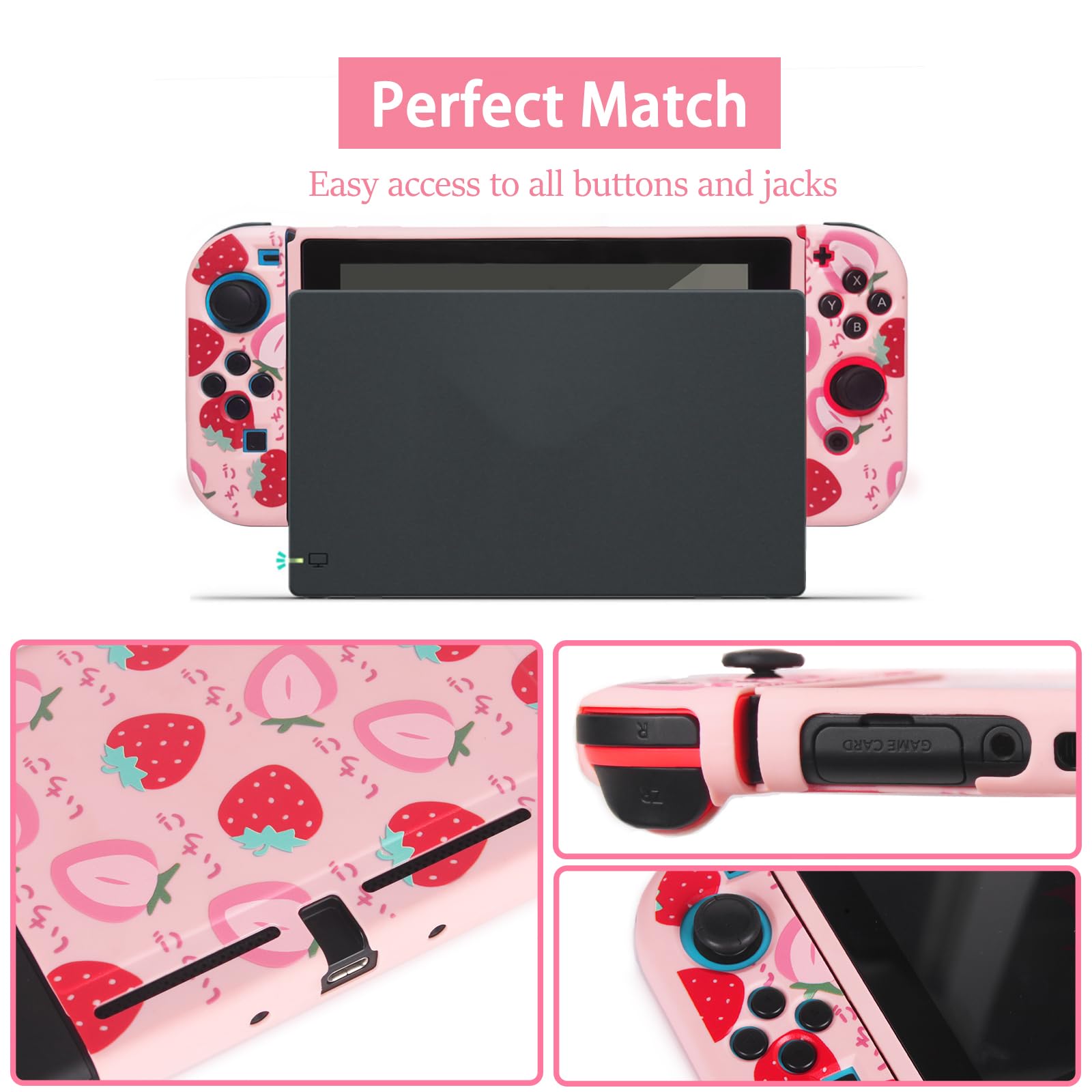 TIKOdirect Protective Case for Nintendo Switch, Soft Full Skin Protective Cover with Pretty Cute Pattern, Silicone Slim Shockproof Back and Grip Case for Switch, Strawberry