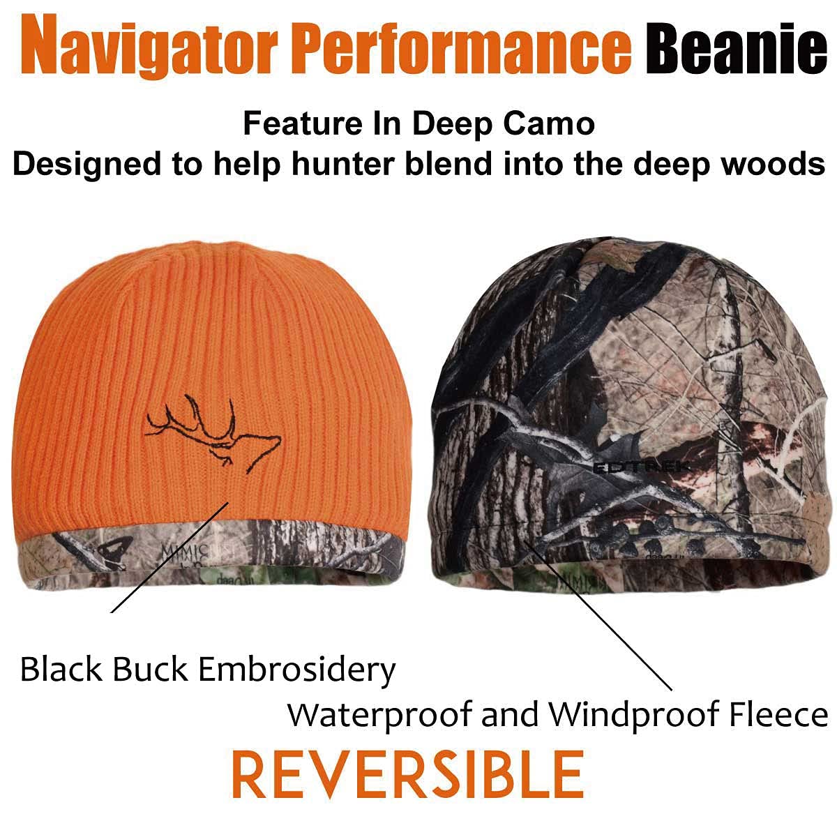 EDTREK Waterproof and Windproof Camo Beanie - Timber and Blaze Orange Camo Performance Hunting Hat (Blaze - in Deep Camo, Large)