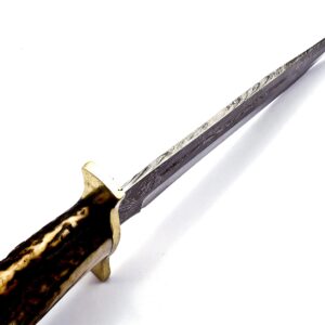 Skokie Knives Damascus Steel Bowie Knife Bull Horn Handle with & Brass Guard –16” Handmade Premium Quality Sharp Edge Fix Blade -Genuine Multipurpose Knife Ideal for Hunting, Camping (Stage B)