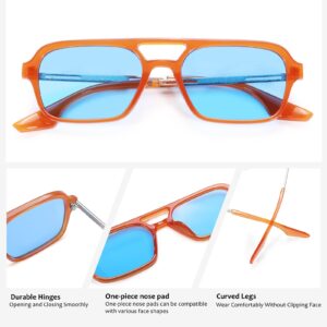 NULOOQ Retro 70s Flat Aviator Sunglasses for Women Men, Vintage Square Small Frame Shades Driving UV400 Protection (Leopard/Gray + Orange/Blue) - 2 Pack