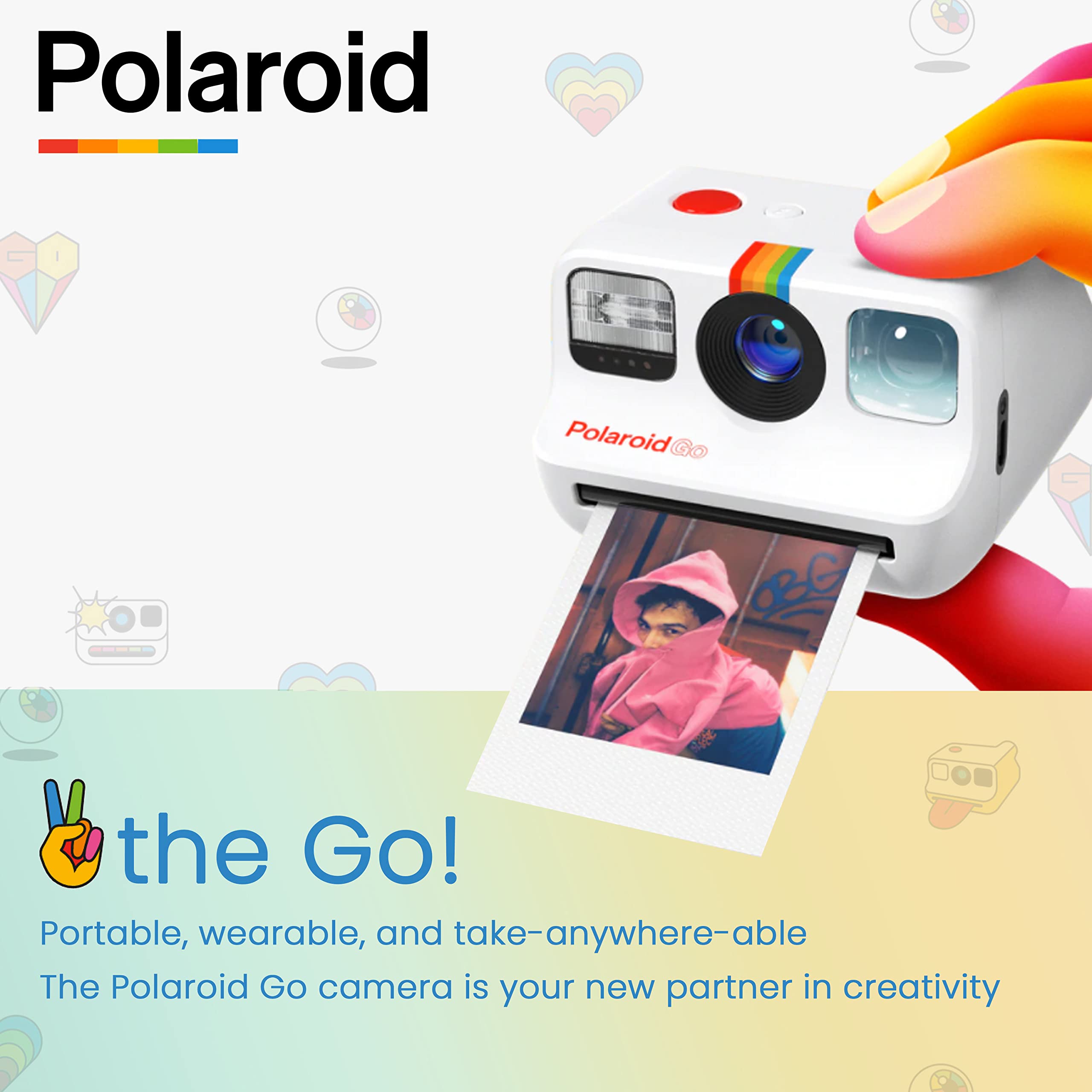 Polaroid GO Instant Mini Camera White + Polaroid GO Color Film – Double Pack + Album + Strap