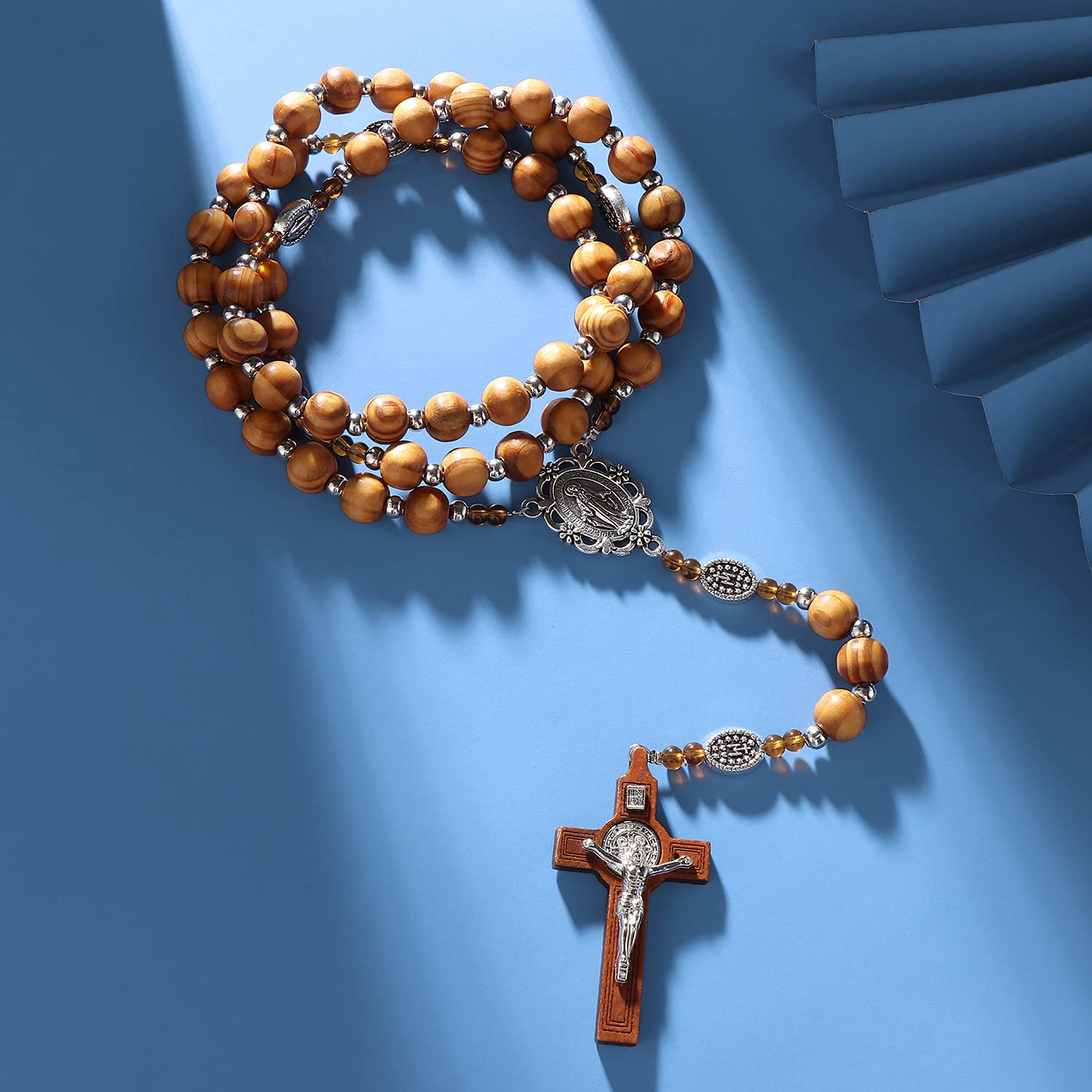 Faithful Catholic Wooden Rosary for Men, Our Father Sacred Handmade Miraculous Medal Wood Beads Rosary Necklace with Crucifix Cross, Rosarios Catolicos Para Hombre