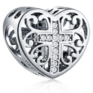 Religious Cross in Heart Charms, fits Pandora Christmas Easter Bracelet, 925 Sterling Silver Symbol of Faith Christ Beads, Gift for First Mothers Day/Grandma/Godmother