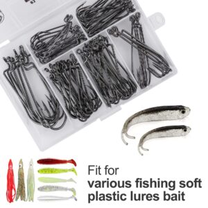 UCEC 100pcs/Box Fishing Hooks Worm Hooks Offset Shank Round Bend Worm Hooks Bass Hooks High Carbon Steel Saltwater Freshwater - 6 Sizes: #1 1/0 2/0 3/0 4/0 5/0