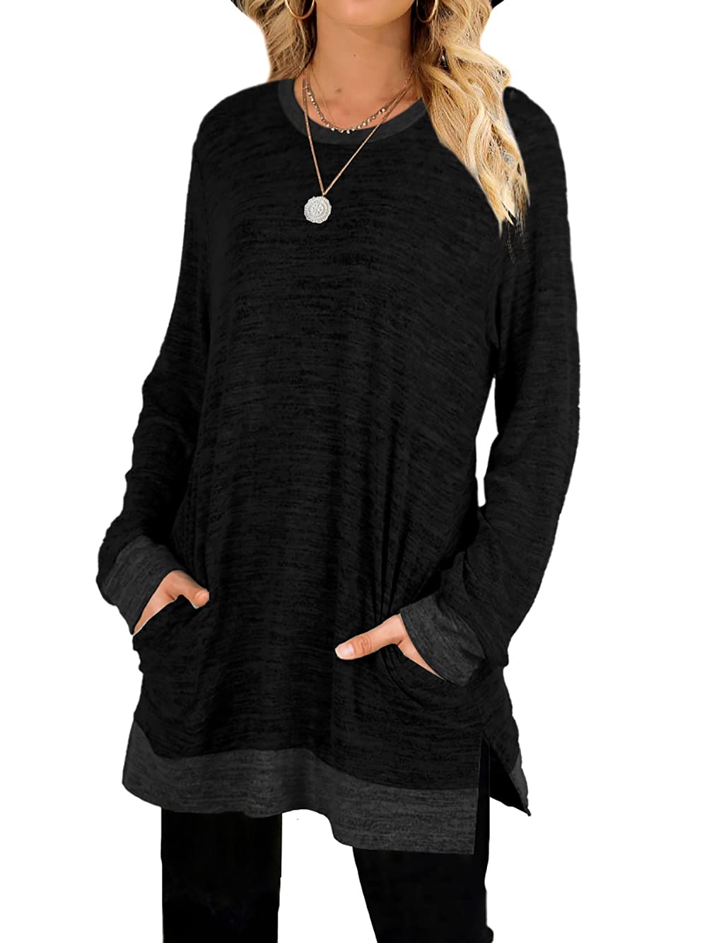 XIEERDUO Black Crew Neck Sweatshirt Womens Lightweight Sweater Tunic Long Sleeve Tops Fall XL