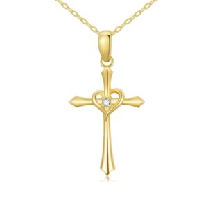 YDD 14K Solid Gold Cross Necklace for Women Heart Necklace Cross Chain for Her, Mom, Wife 16"-18"