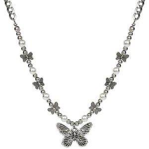 Grunge Butterfly Pearl Necklace Heavy Gothic Cyber Y2k Harajuku Necklace for Women Men