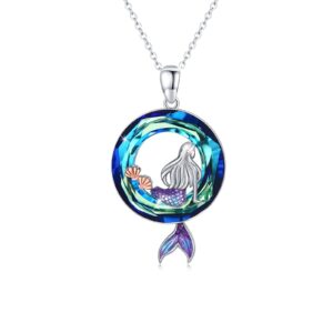 AOVEAO Mermaid Necklaces for Women Sterling Silver with Blue Circle Crystal Pendant Necklace Mermaid Starfish Choker Dainty Nautical Jewelry Gift For Friend