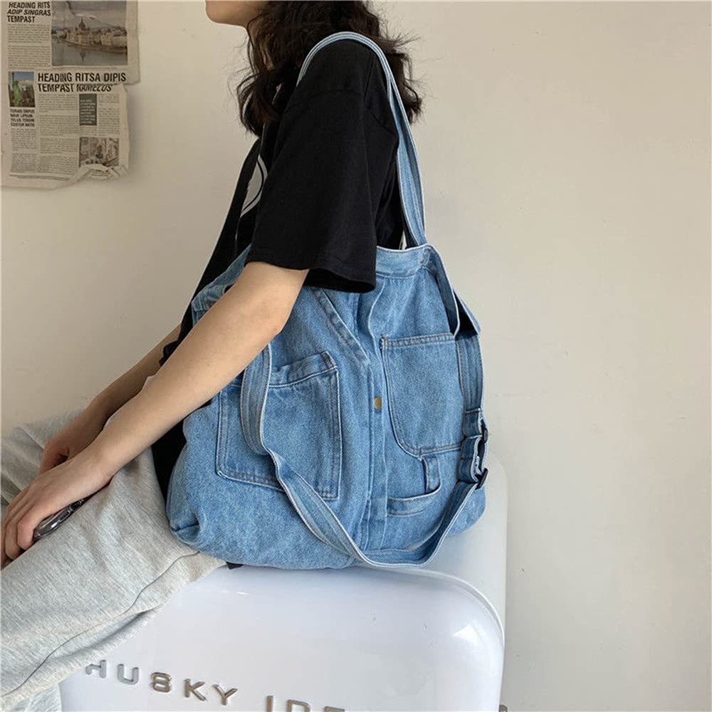 Large-capacity canvas bag women's diagonal denim Korean style large bag cloth bag student shoulder bag (Light blue)