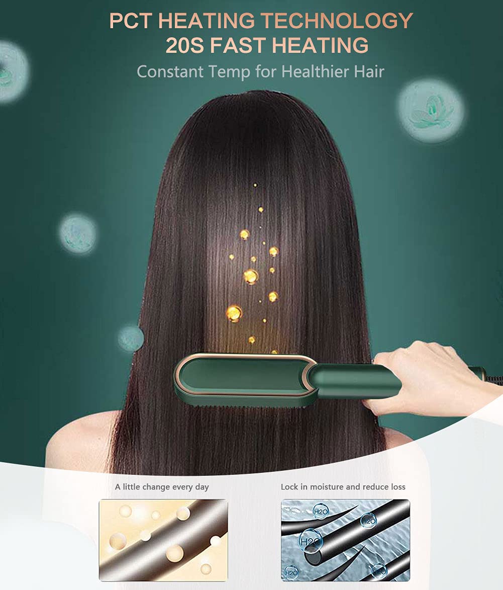 Hair Straightener Brush, Ionic Straightening Brush, Ceramic Hot Comb with LED Display, Anion Generator, 3 Heat Levels, Anti Scald, Fast Heating & Auto Off Safe for Home, Travel and Salon (Green)