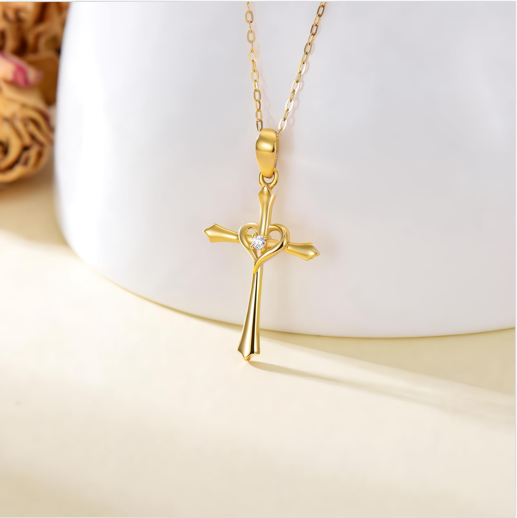 YDD 14K Solid Gold Cross Necklace for Women Heart Necklace Cross Chain for Her, Mom, Wife 16"-18"