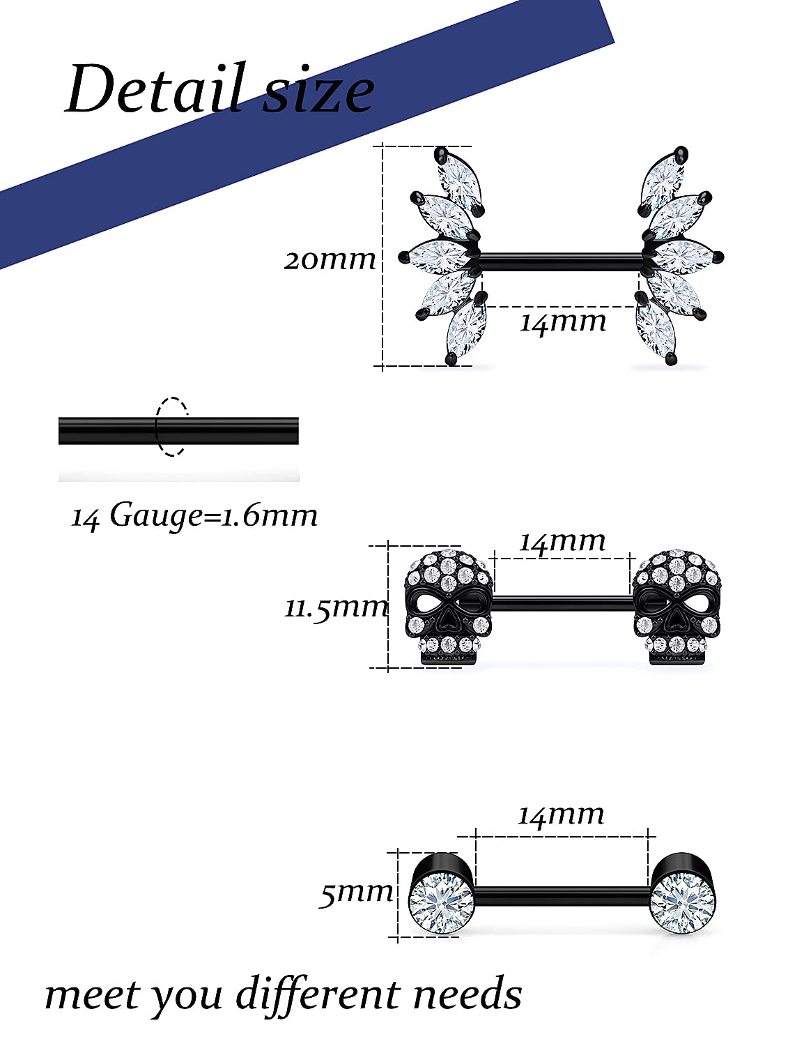 Vsnnsns 14G Nipple Rings for Women Stainless Steel Skull Nipple Rings CZ Nipple Piercing Jewelry Nipple Rings Surgical Steel Nipple Jewelry Barbell Body Piercing Jewelry Black