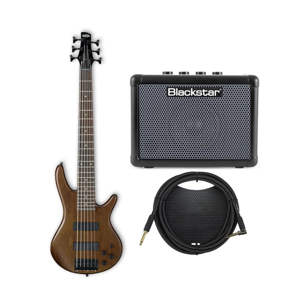 Ibanez GSR206BWNF 6-String Bass Guitar (Walnut Flat Finish) Bundle with Bass Combo Amplifier (Black) and Black Woven Right Angle Instrument Cable (10-Feet) (3 Items)