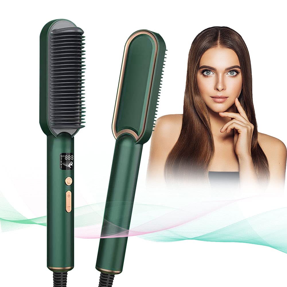 Hair Straightener Brush, Ionic Straightening Brush, Ceramic Hot Comb with LED Display, Anion Generator, 3 Heat Levels, Anti Scald, Fast Heating & Auto Off Safe for Home, Travel and Salon (Green)