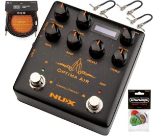 nux optima air acoustic guitar simulator bundle with 3 mxr patch cables, 20ft mxr instrument cable, and dunlop pvp113 pick pack