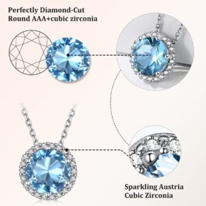 Bestyle 925 Sterling Silver Love Round Cubic Zirconia Necklaces March Aquamarine Birthstone Crystal Pendant for Women, Hypoallergenic Necklaces for Sensitive Skin