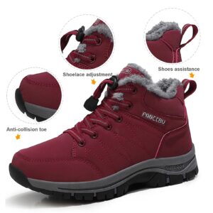 ZHNSHM Womens Winter Boots Casual Lightweight Waterproof Snow Boots Anti-Slip Fur Lined Trekking Backpacking Hiking Boots… Red