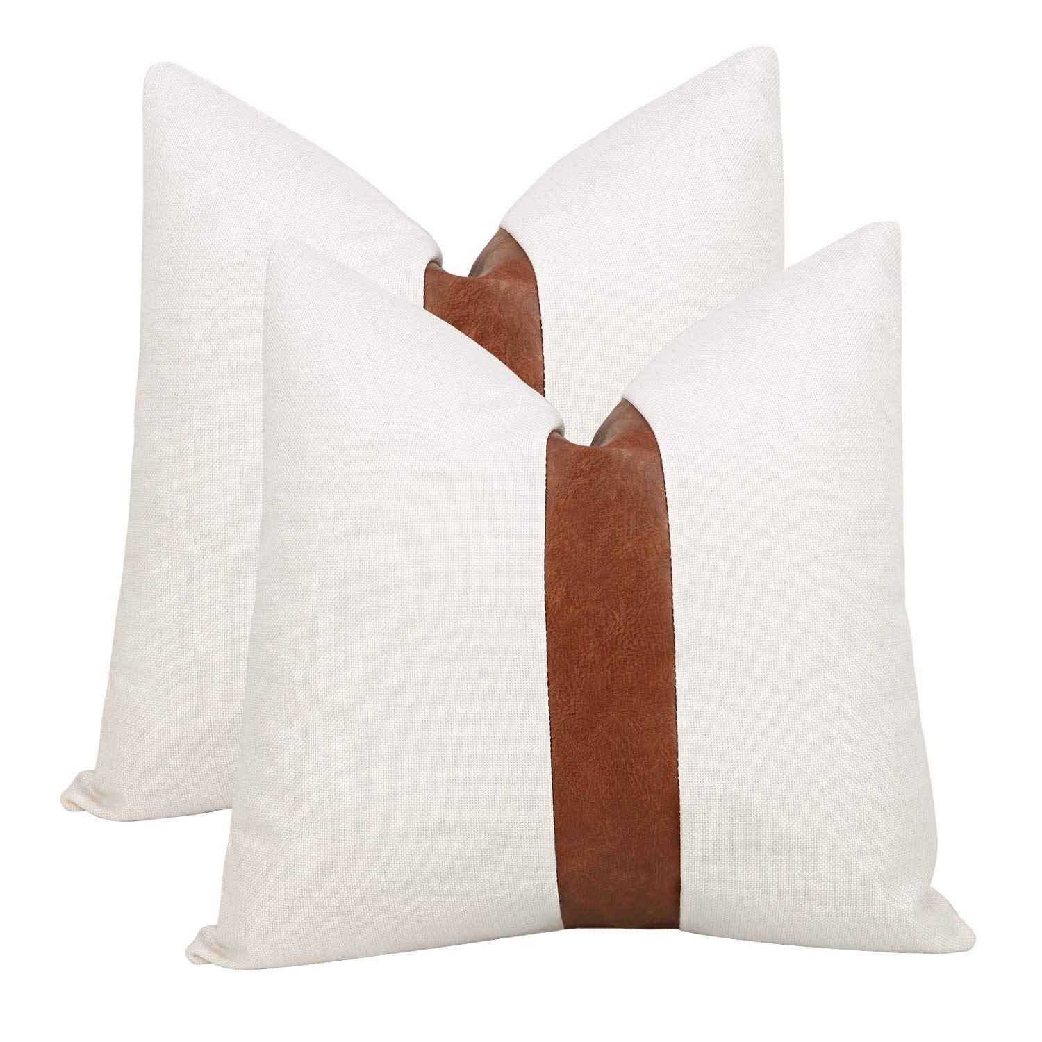 cygnus Set of 2 White Linen Patchwork Faux leather Throw Pillow Covers for Couch Living Room Bedroom, Modern Accent Decorative Square Cushion Covers 20x20 inch (White, 20x20 inch)