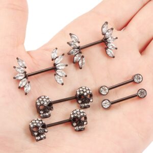 Vsnnsns 14G Nipple Rings for Women Stainless Steel Skull Nipple Rings CZ Nipple Piercing Jewelry Nipple Rings Surgical Steel Nipple Jewelry Barbell Body Piercing Jewelry Black