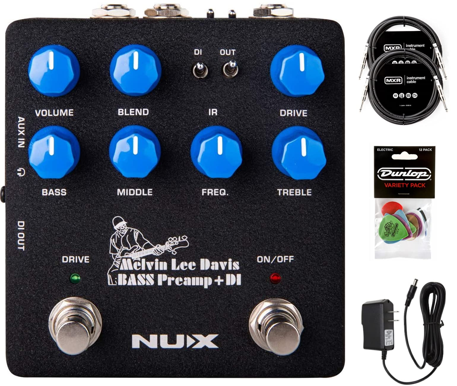 Briskdrop NUX Melvin Lee Davis NBP-5 Bass Preamp and DI Bundle with 2 MXR Instrument Cables, Dunlop Pick Pack, and Power Supply