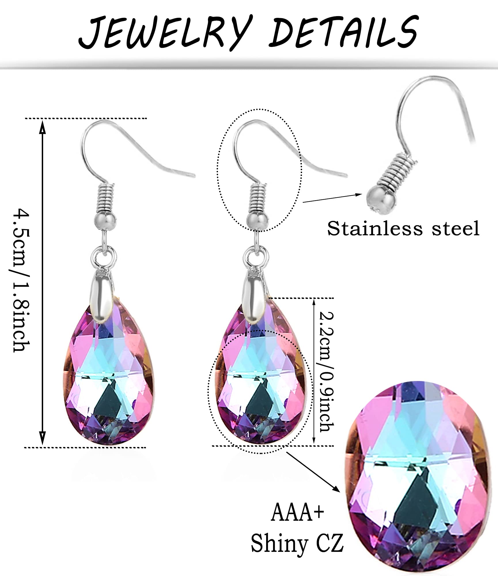 Akeoqi 6 Pairs Leverback Dangle Earrings Set Multi-color Tear Drop Cubic Zirconia Dangle Earrings For Women