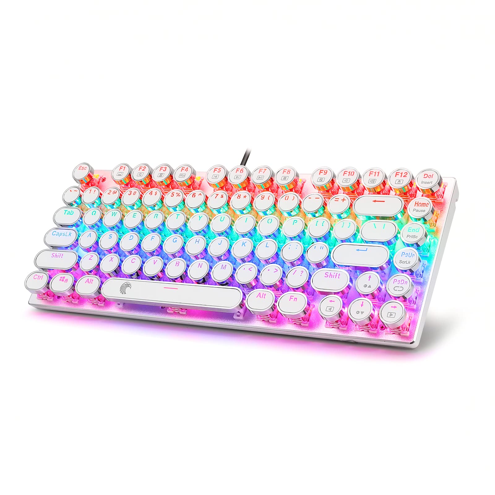 HUO JI E-Yooso Z-88 Typewriter Mechanical Keyboard, Rainbow LED Backlit, Vintage Retro Style with Blue Switches, Compact 81 Keys for PC, Mac, White