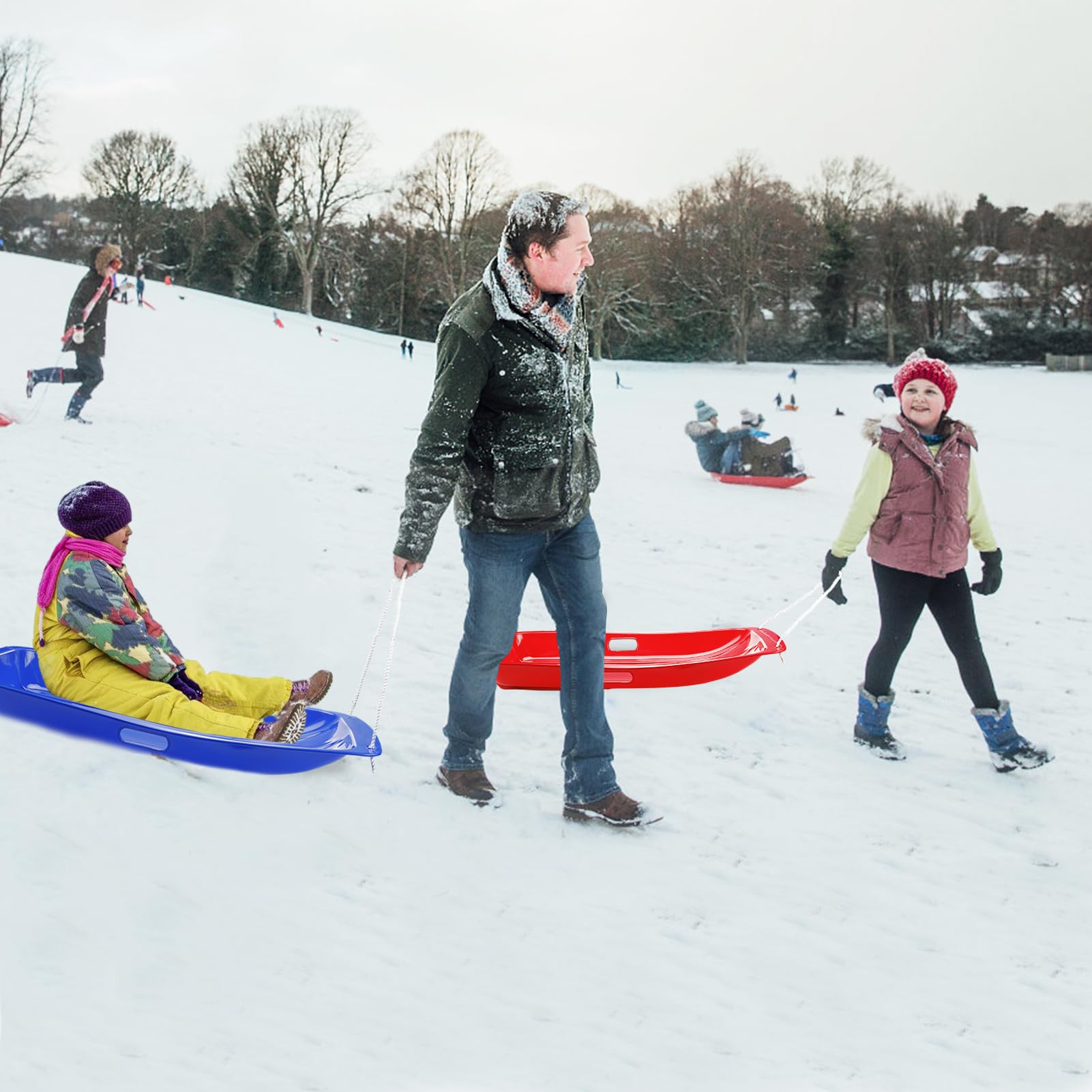 3Pack Plastic Snow Sled for Kids & Adults 35" x 17" - Flexible Toboggan Sleds with Pull Rope & Two Handles for up to 2 Sledders Winter Snow Sledding Downhill Outdoor, S