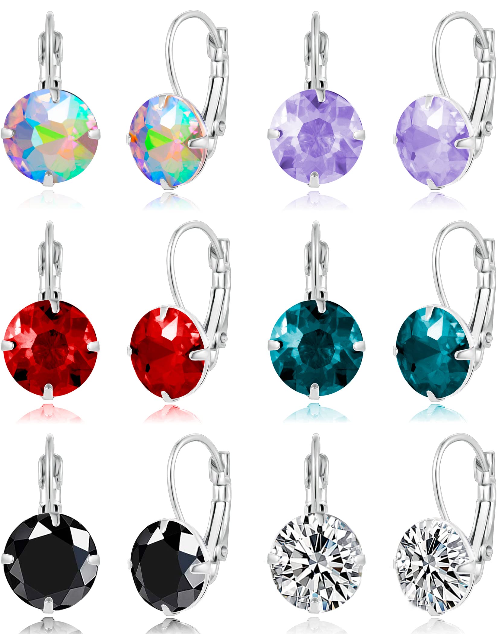 Akeoqi 6 Pairs Leverback Dangle Earrings Set Multi-color Round Cubic Zirconia Dangle Earrings For Women