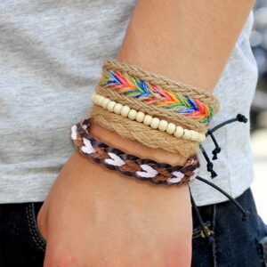 Akeoqi 12Pcs Braided Leather Bracelets Set For Men Women Wooden Beaded Cuff Wrap Bracelet Boho Ethnic Tribal Linen Hemp Cords Wrap Bracelets Adjustable Rainbow And White