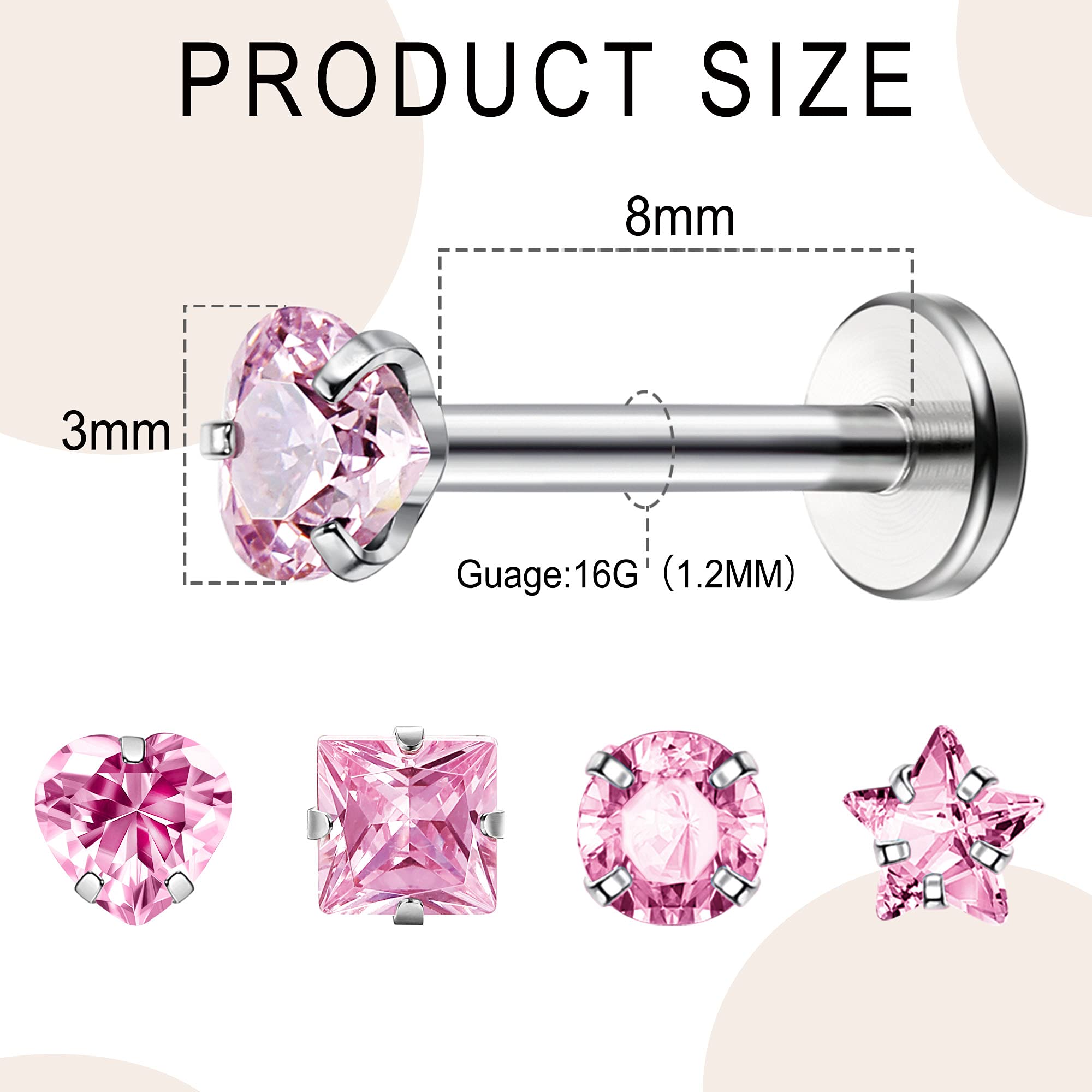 Drperfect 16G Internally Threaded Labret Stud Lip Rings Medusa Monroe Piercing 316L Stainless Steel CZ Cartilage Tragus Piercing Jewelry Forward Helix Earrings Nose Piercing 6mm 8mm 10mm