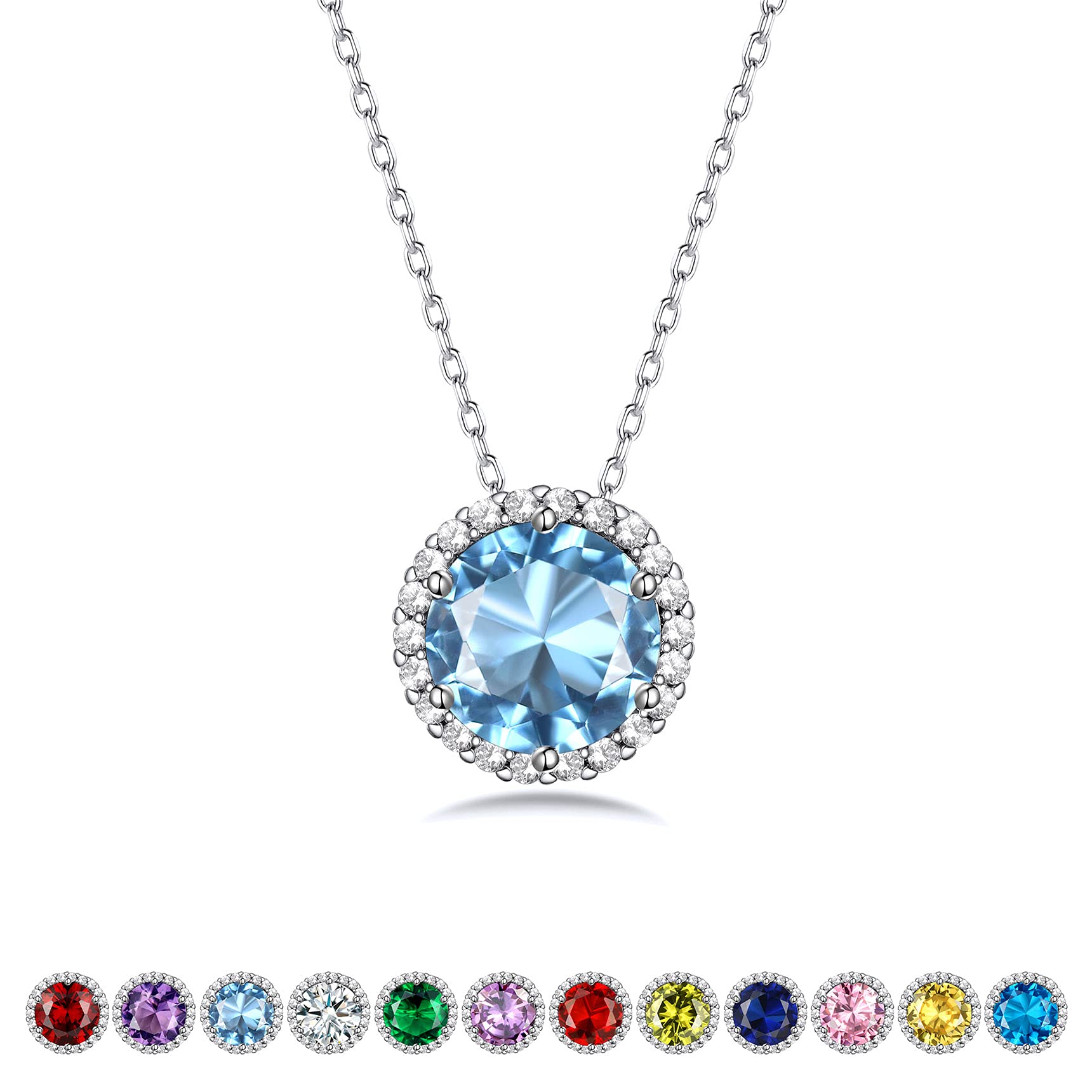 Bestyle 925 Sterling Silver Love Round Cubic Zirconia Necklaces March Aquamarine Birthstone Crystal Pendant for Women, Hypoallergenic Necklaces for Sensitive Skin