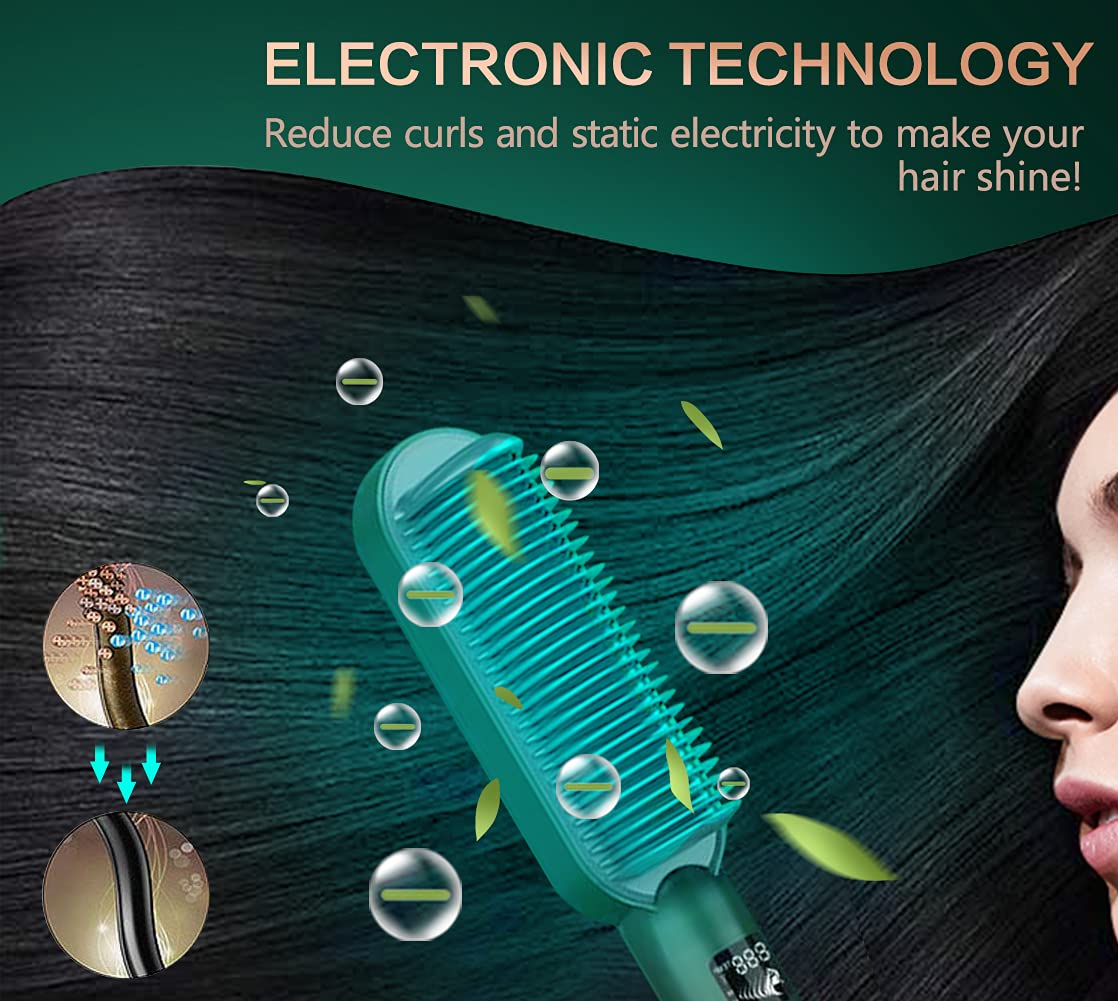 Hair Straightener Brush, Ionic Straightening Brush, Ceramic Hot Comb with LED Display, Anion Generator, 3 Heat Levels, Anti Scald, Fast Heating & Auto Off Safe for Home, Travel and Salon (Green)