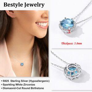 Bestyle 925 Sterling Silver Love Round Cubic Zirconia Necklaces March Aquamarine Birthstone Crystal Pendant for Women, Hypoallergenic Necklaces for Sensitive Skin