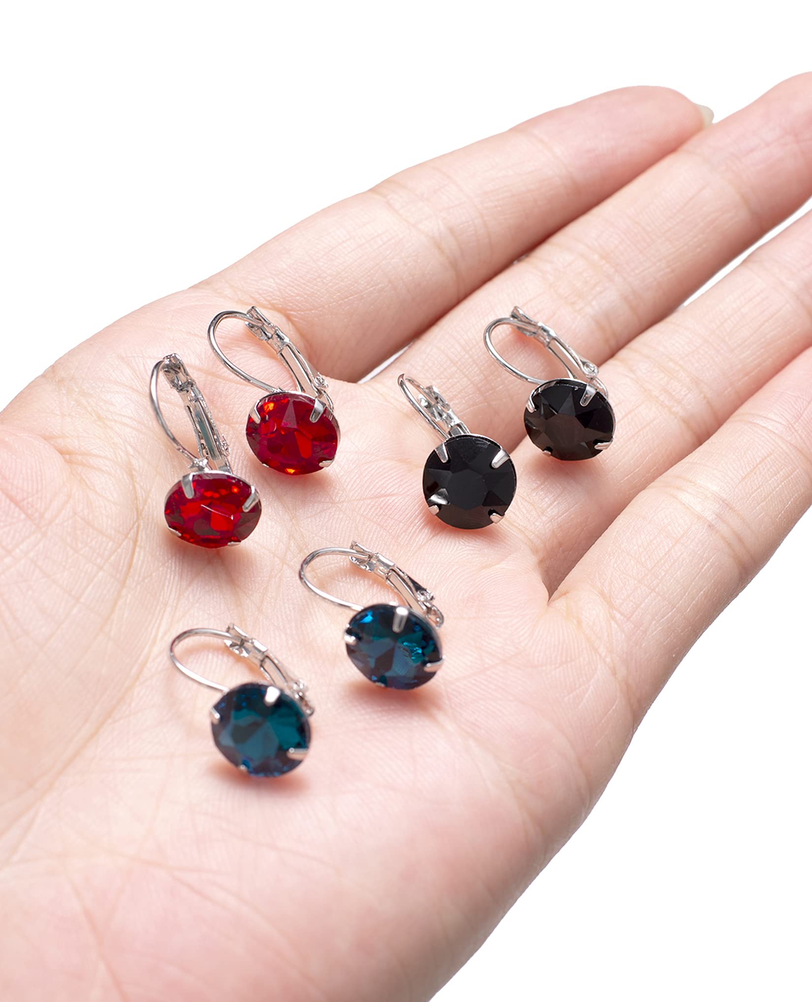 Akeoqi 6 Pairs Leverback Dangle Earrings Set Multi-color Round Cubic Zirconia Dangle Earrings For Women