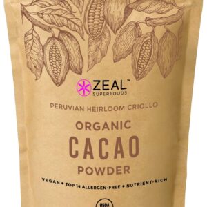 Zeal Superfoods Organic Cacao Powder - Raw, Heirloom Criollo, Top 8 Allergen-Free, Cold-Pressed, Unsweetened, Non-Alkalized, Vegan, Gluten-Free, Keto, Paleo, Kosher, Nutrient-Rich Superfood - Cocoa Powder Substitute - 16 oz (1 lb)