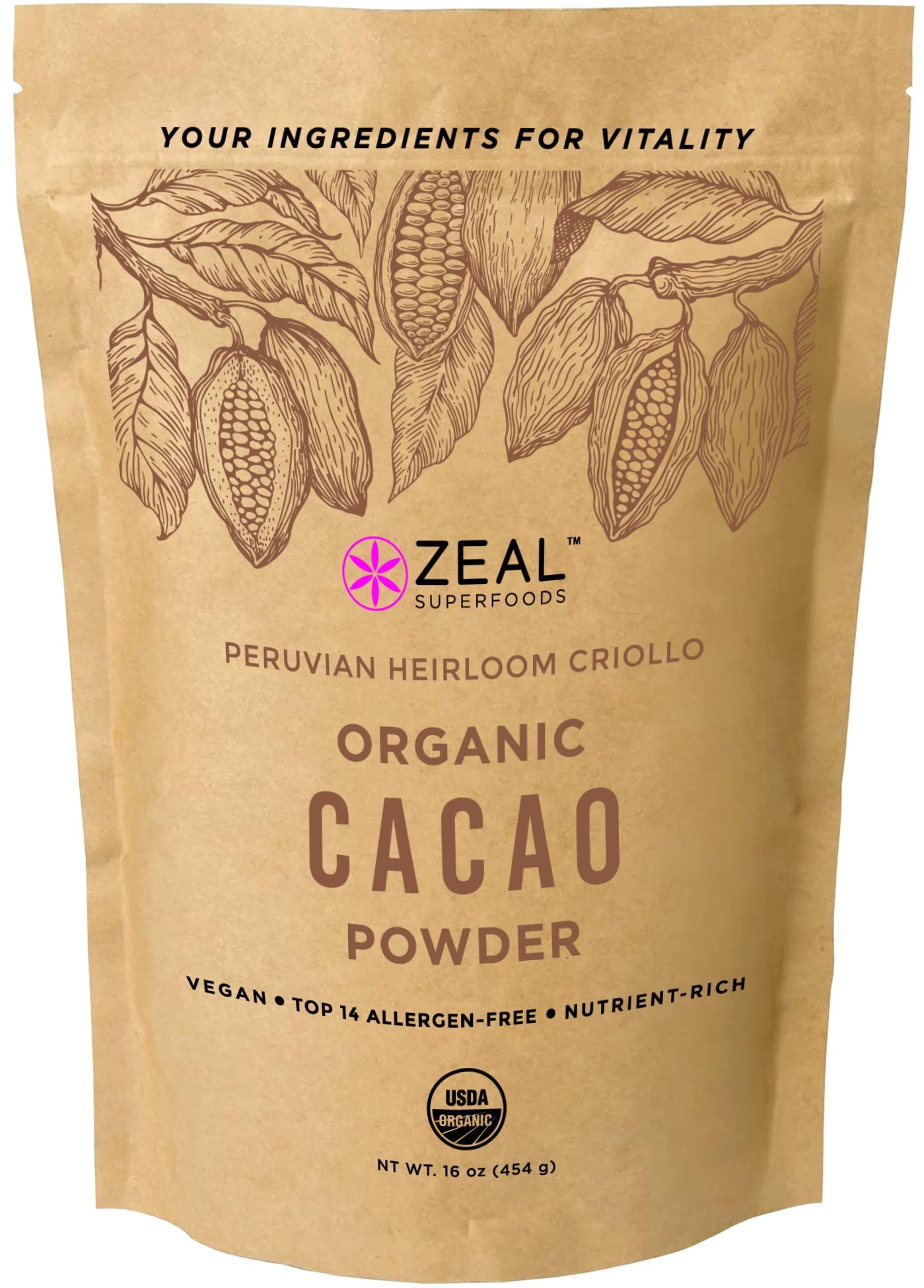 Zeal Superfoods Organic Cacao Powder - Raw, Heirloom Criollo, Top 8 Allergen-Free, Cold-Pressed, Unsweetened, Non-Alkalized, Vegan, Gluten-Free, Keto, Paleo, Kosher, Nutrient-Rich Superfood - Cocoa Powder Substitute - 16 oz (1 lb)