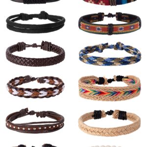 Akeoqi 12Pcs Braided Leather Bracelets Set For Men Women Wooden Beaded Cuff Wrap Bracelet Boho Ethnic Tribal Linen Hemp Cords Wrap Bracelets Adjustable Rainbow And White