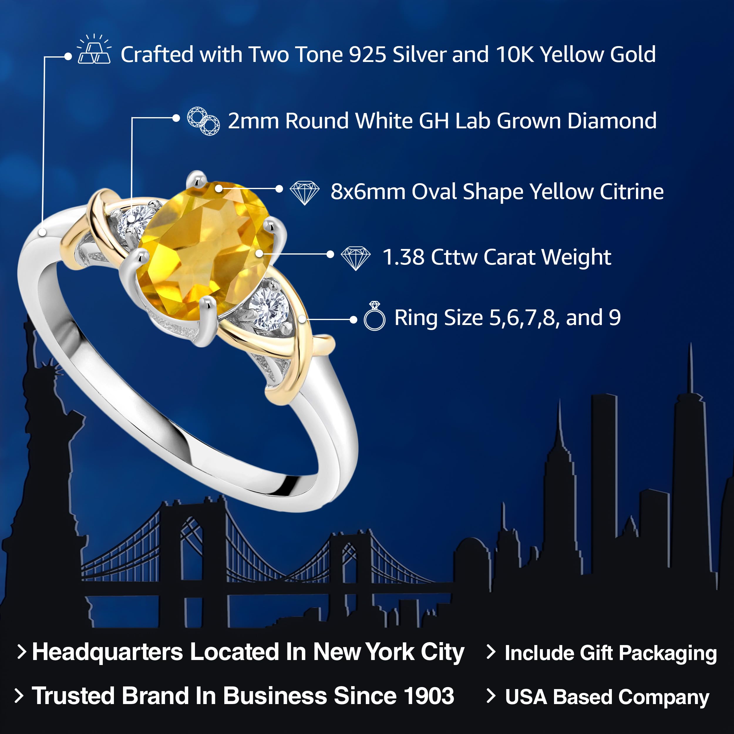 Gem Stone King 2 Tone 10K Yellow Gold and 925 Sterling Silver Yellow Citrine and Lab Grown Diamond Engagement Ring For Women (1.38 Cttw, Gemstone Birthstone, Available In Size 5, 6, 7, 8, 9)