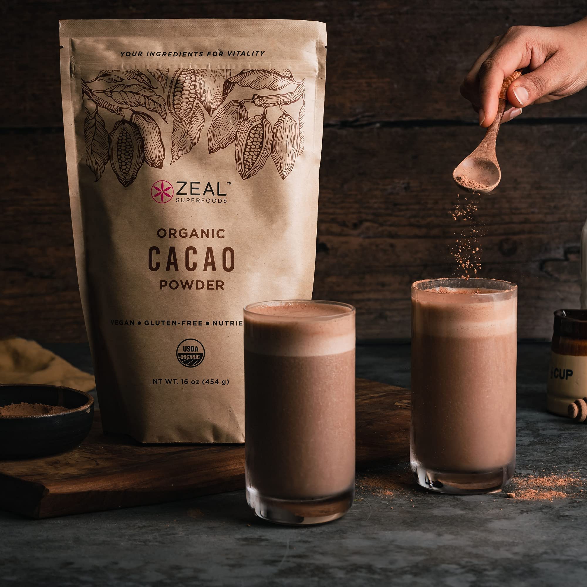 Zeal Superfoods Organic Cacao Powder - Raw, Heirloom Criollo, Top 8 Allergen-Free, Cold-Pressed, Unsweetened, Non-Alkalized, Vegan, Gluten-Free, Keto, Paleo, Kosher, Nutrient-Rich Superfood - Cocoa Powder Substitute - 16 oz (1 lb)